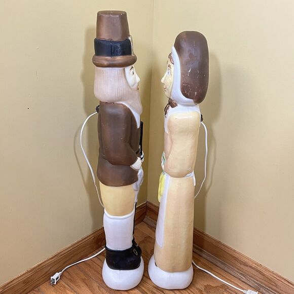 VTG Don Featherstone Blow Mold Pilgrim Couple Thanksgiving Light Up Man & Woman - Picture 16 of 16